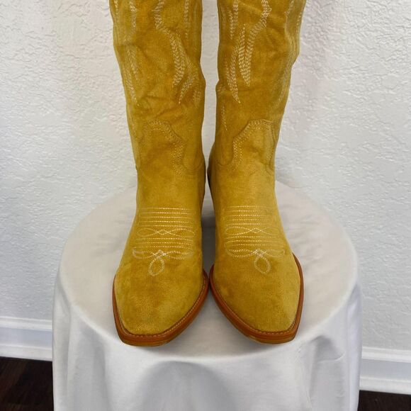 NEW Mustard Yellow Faux Suede Flame Stitched Western Cowgirl Boots US 6 - Picture 4 of 8